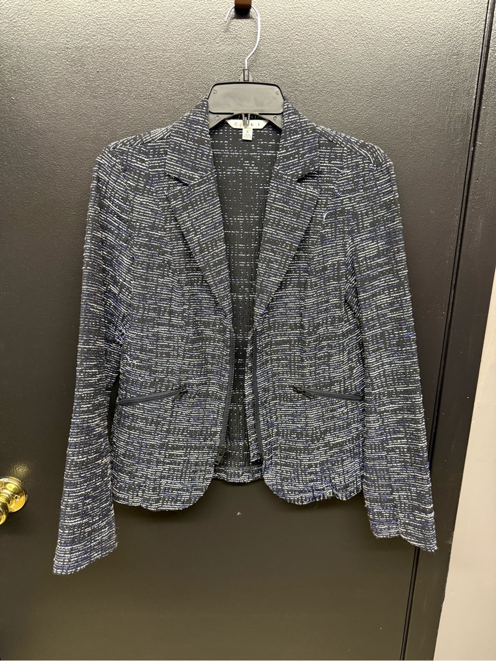 CAbi Navy and White Tweed Open-Front Blazer
